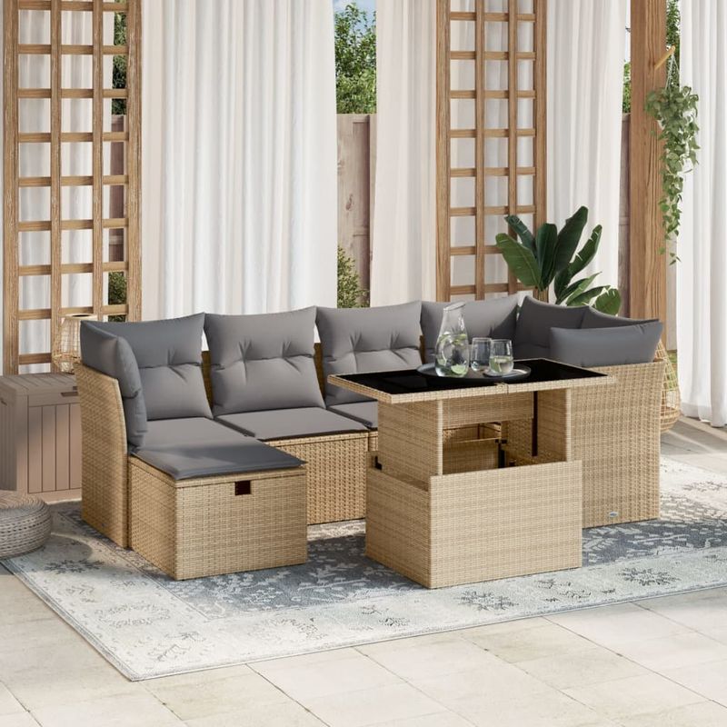 Casa si Gradina - Gradina si terasa - Mobilier exterior - Seturi mobila gradina - Set canapele de gradina, 7 piese, cu perne, bej, poliratan - Infinity.ro
