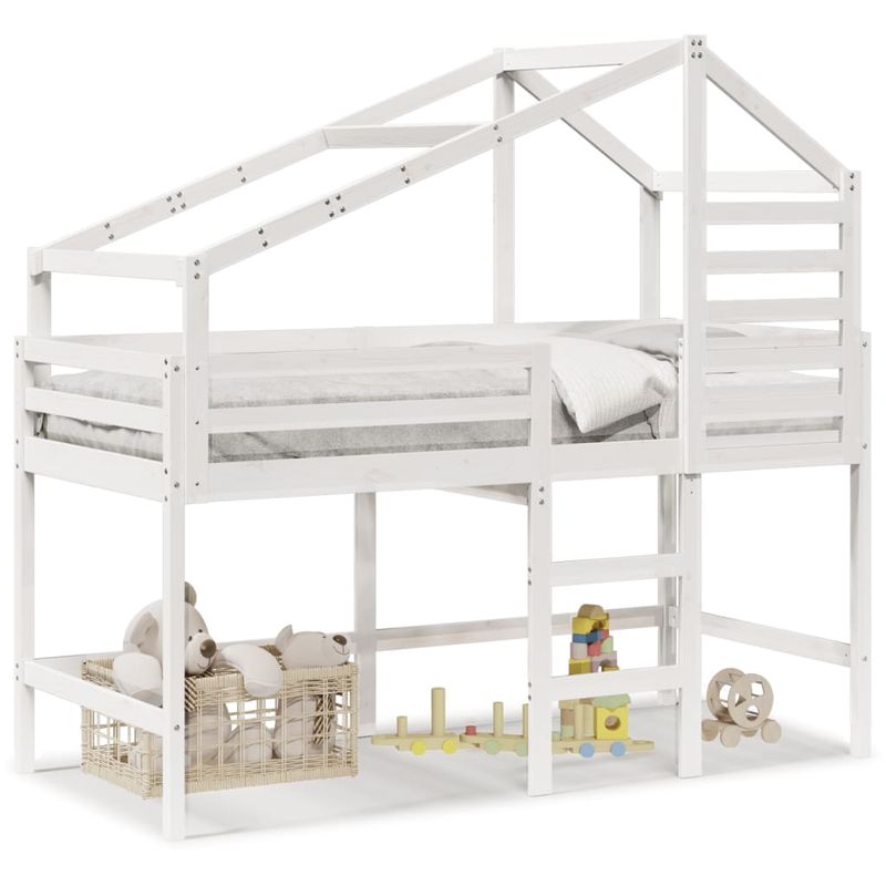 Casa si Gradina - Mobilier - Paturi si accesorii - Paturi - Pat etajat cu scara si acoperis, alb, 90x190 cm, lemn masiv pin - Infinity.ro