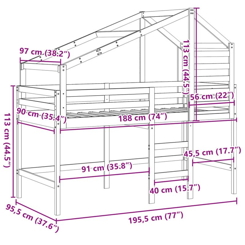 Casa si Gradina - Mobilier - Paturi si accesorii - Paturi - Pat etajat cu scara si acoperis, alb, 90x190 cm, lemn masiv pin - Infinity.ro