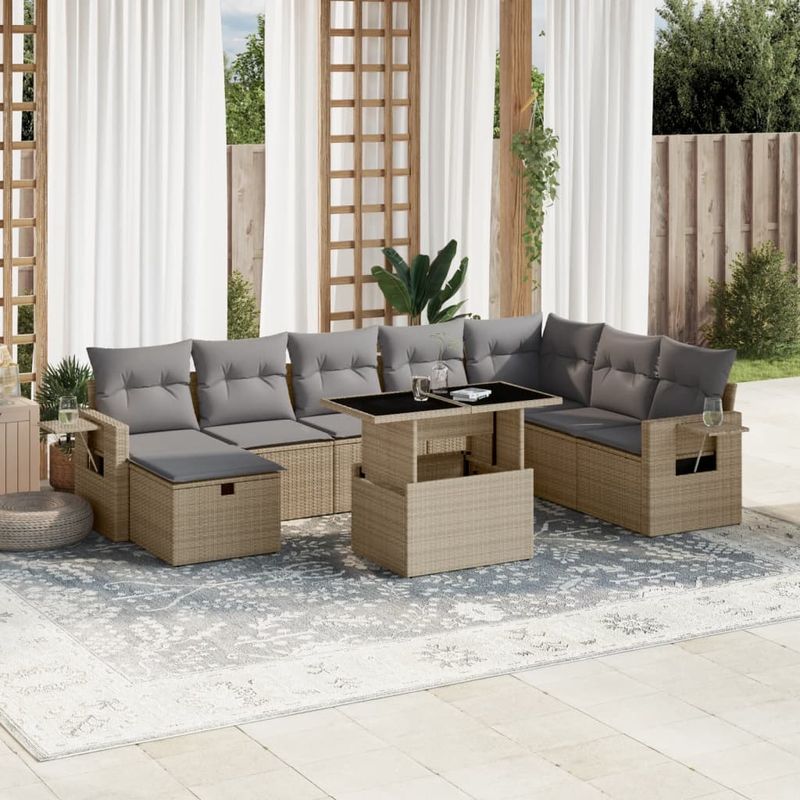 Casa si Gradina - Gradina si terasa - Mobilier exterior - Seturi mobila gradina - Set canapele de gradina, 9 piese, cu perne, bej, poliratan - Infinity.ro