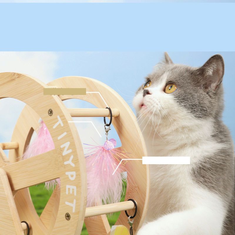 Petshop - Accesorii petshop - Jucarii animale - Jucarii interactive animale - Roata de joaca din lemn de bambus pentru pisici, 14,5 cm x 28 cm x 34 cm - Infinity.ro