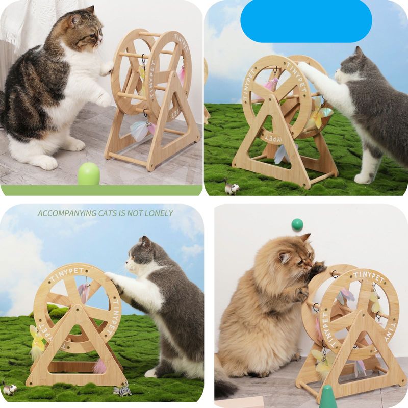 Petshop - Accesorii petshop - Jucarii animale - Jucarii interactive animale - Roata de joaca din lemn de bambus pentru pisici, 14,5 cm x 28 cm x 34 cm - Infinity.ro