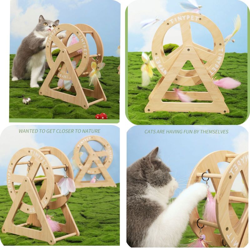 Petshop - Accesorii petshop - Jucarii animale - Jucarii interactive animale - Roata de joaca din lemn de bambus pentru pisici, 14,5 cm x 28 cm x 34 cm - Infinity.ro