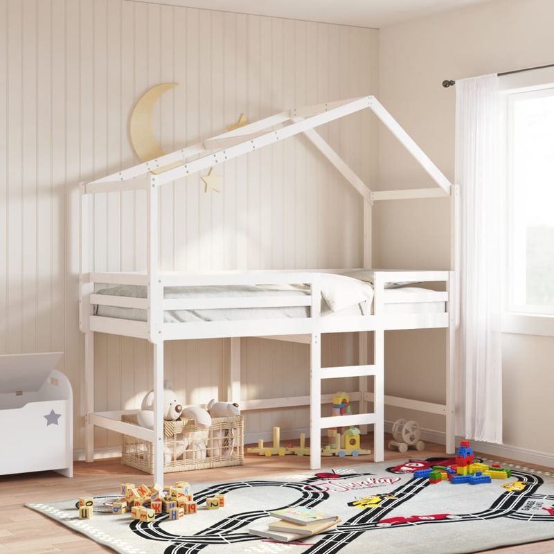 Casa si Gradina - Mobilier - Paturi si accesorii - Paturi - Pat etajat cu scara si acoperis, alb, 90x190 cm, lemn masiv pin - Infinity.ro