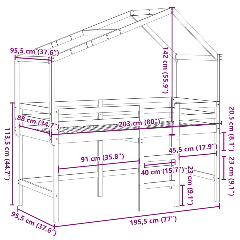 Casa si Gradina - Mobilier - Paturi si accesorii - Paturi - Pat etajat cu scara si acoperis, alb, 90x190 cm, lemn masiv pin - Infinity.ro