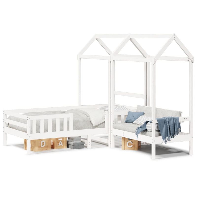 Casa si Gradina - Mobilier - Paturi si accesorii - Paturi - Set pat si banca cu acoperis, alb, 80x200 cm, lemn masiv de pin - Infinity.ro