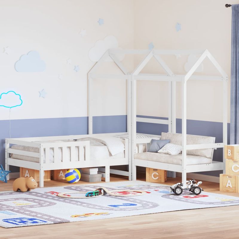 Casa si Gradina - Mobilier - Paturi si accesorii - Paturi - Set pat si banca cu acoperis, alb, 80x200 cm, lemn masiv de pin - Infinity.ro