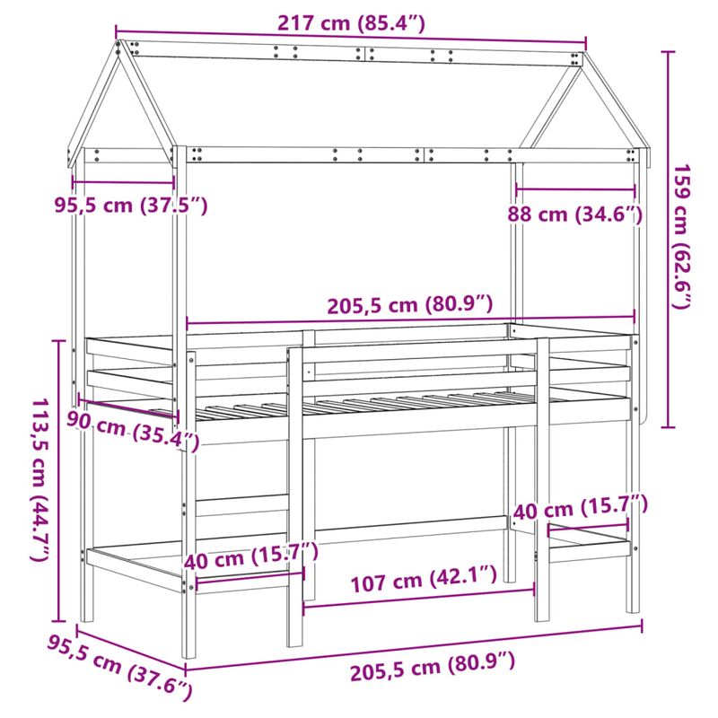 Casa si Gradina - Mobilier - Paturi si accesorii - Paturi - Pat etajat cu scara si acoperis, alb, 90x200 cm, lemn masiv pin - Infinity.ro