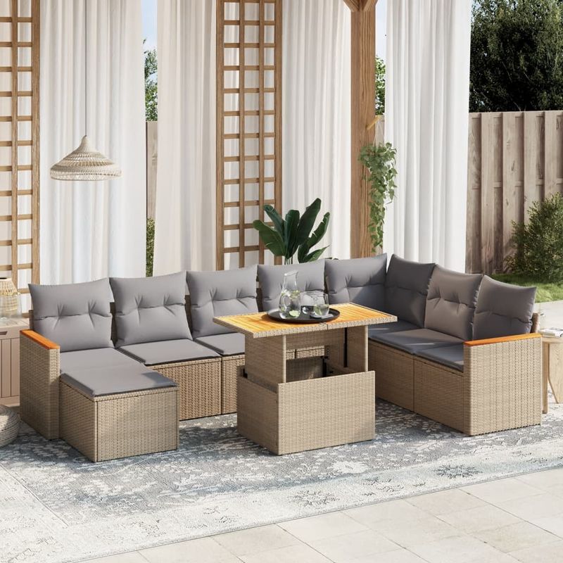 Casa si Gradina - Gradina si terasa - Mobilier exterior - Seturi mobila gradina - Set canapele de gradina, 9 piese, cu perne, bej, poliratan - Infinity.ro