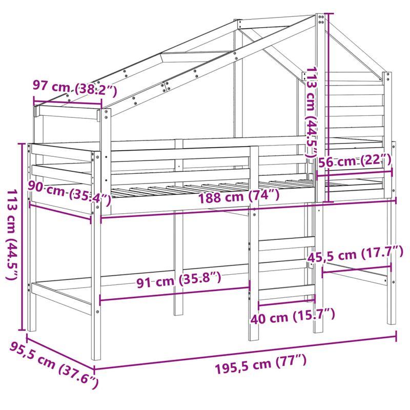 Casa si Gradina - Mobilier - Paturi si accesorii - Paturi - Pat etajat cu scara si acoperis, alb, 90x190 cm, lemn masiv pin - Infinity.ro