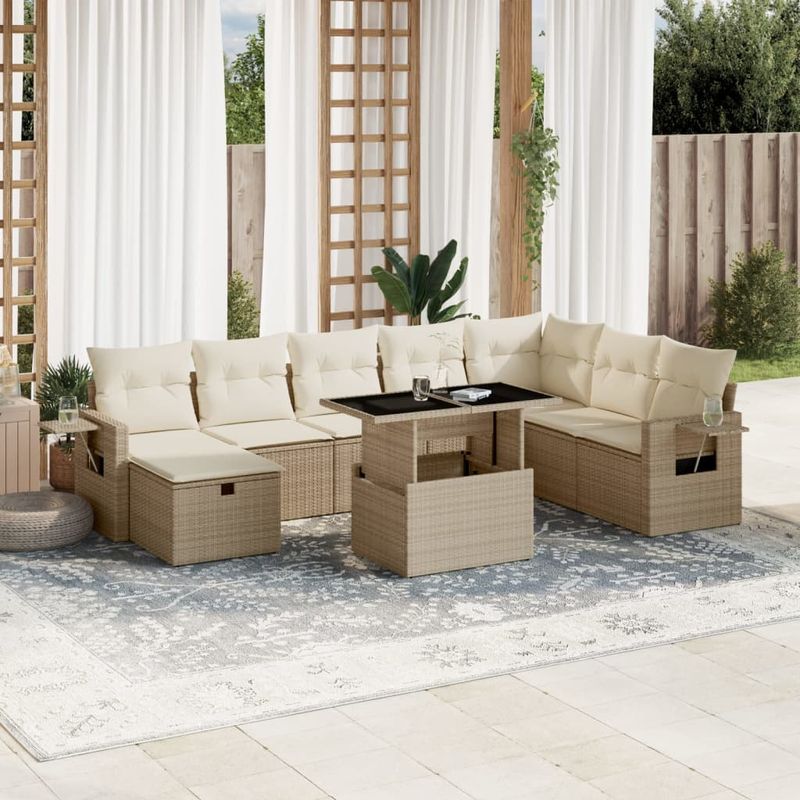 Casa si Gradina - Gradina si terasa - Mobilier exterior - Seturi mobila gradina - Set canapele de gradina, 9 piese, cu perne, bej, poliratan - Infinity.ro