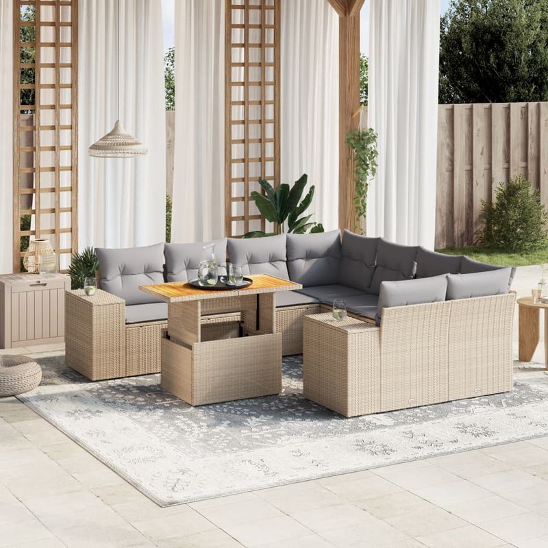 Casa si Gradina - Gradina si terasa - Mobilier exterior - Seturi mobila gradina - Set canapele de gradina, 9 piese, cu perne, bej, poliratan - Infinity.ro