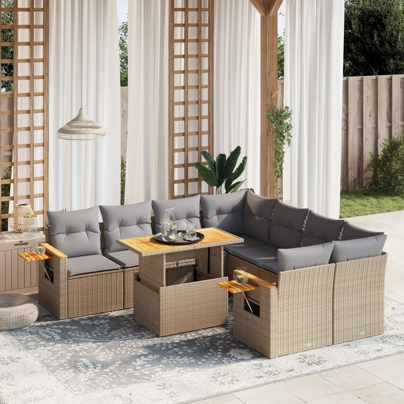 Casa si Gradina - Gradina si terasa - Mobilier exterior - Seturi mobila gradina - Set canapele de gradina, 9 piese, cu perne, bej, poliratan - Infinity.ro