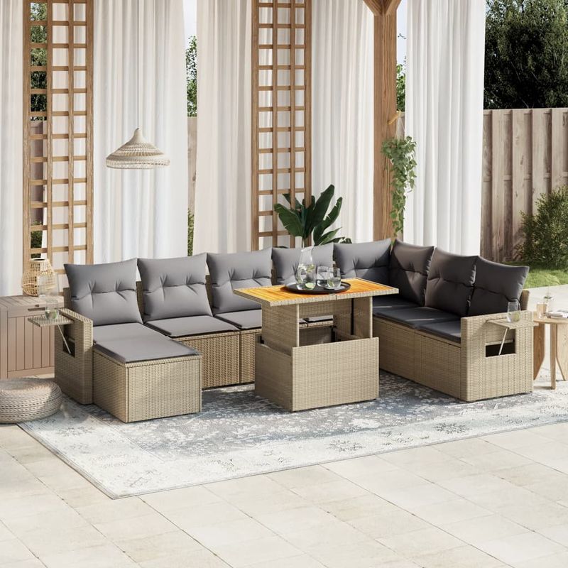 Casa si Gradina - Gradina si terasa - Mobilier exterior - Seturi mobila gradina - Set canapele de gradina, 9 piese, cu perne, bej, poliratan - Infinity.ro