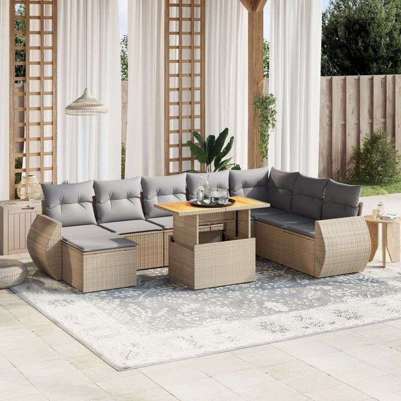 Casa si Gradina - Gradina si terasa - Mobilier exterior - Seturi mobila gradina - Set canapele de gradina, 9 piese, cu perne, bej, poliratan - Infinity.ro