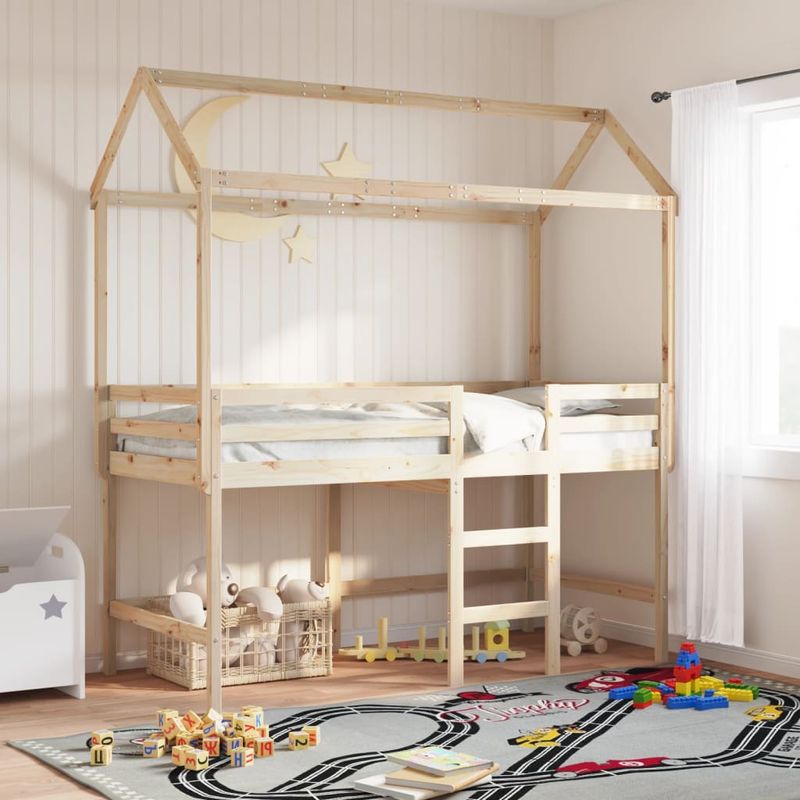 Casa si Gradina - Mobilier - Paturi si accesorii - Paturi - Pat etajat cu scara si acoperis, alb, 90x190 cm, lemn masiv pin - Infinity.ro