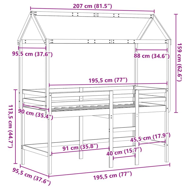 Casa si Gradina - Mobilier - Paturi si accesorii - Paturi - Pat etajat cu scara si acoperis, alb, 90x190 cm, lemn masiv pin - Infinity.ro