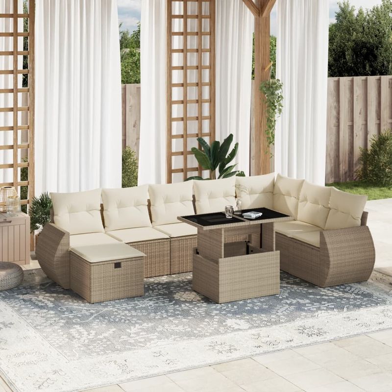 Casa si Gradina - Gradina si terasa - Mobilier exterior - Seturi mobila gradina - Set canapele de gradina, 9 piese, cu perne, bej, poliratan - Infinity.ro