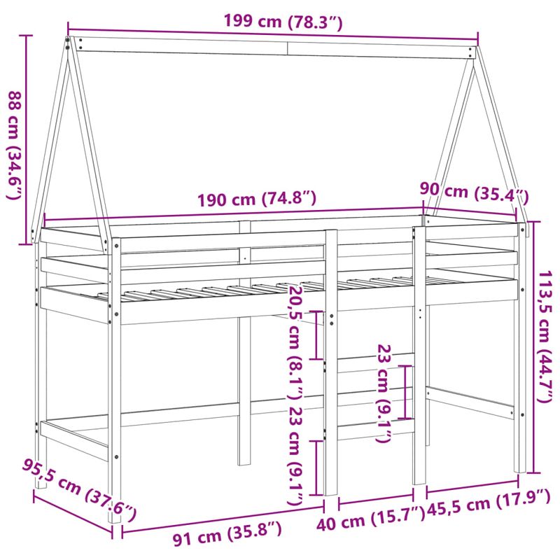 Casa si Gradina - Mobilier - Paturi si accesorii - Paturi - Pat etajat cu scara si acoperis, alb, 90x190 cm, lemn masiv pin - Infinity.ro