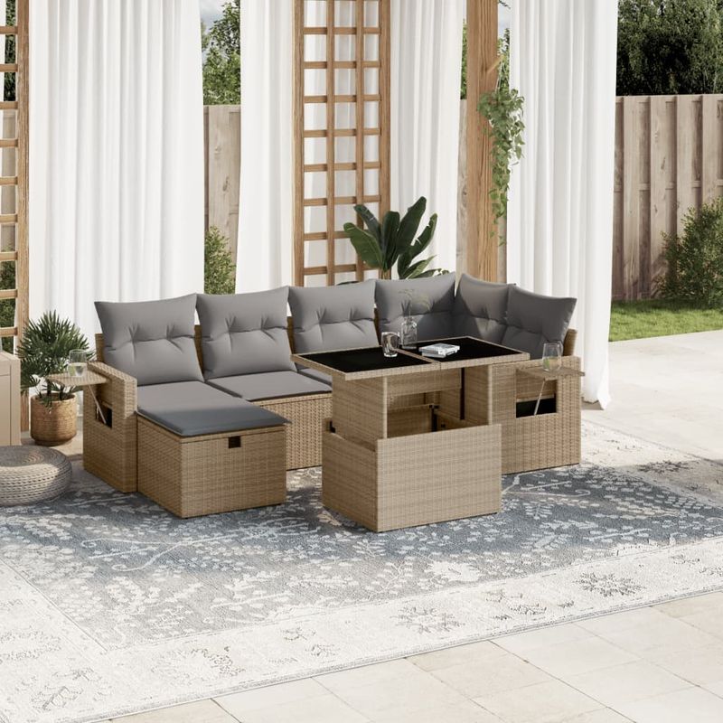 Casa si Gradina - Gradina si terasa - Mobilier exterior - Seturi mobila gradina - Set canapele de gradina, 7 piese, cu perne, bej, poliratan - Infinity.ro