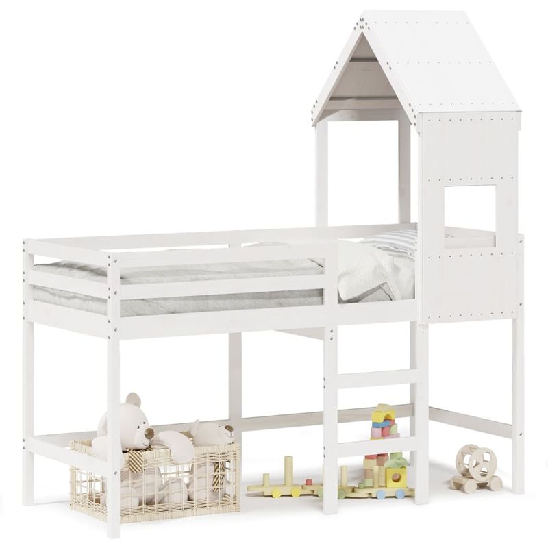 Casa si Gradina - Mobilier - Paturi si accesorii - Paturi - Pat etajat cu scara si acoperis, alb, 90x190 cm, lemn masiv pin - Infinity.ro