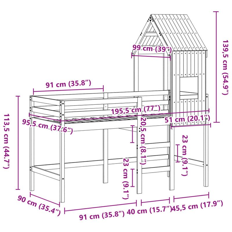 Casa si Gradina - Mobilier - Paturi si accesorii - Paturi - Pat etajat cu scara si acoperis, alb, 90x190 cm, lemn masiv pin - Infinity.ro