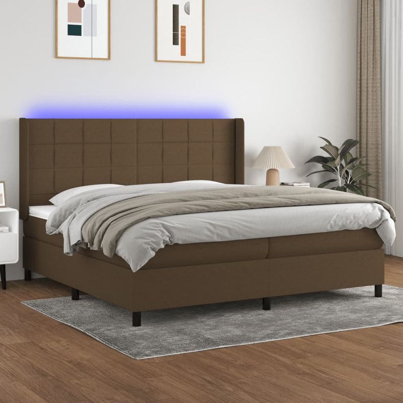 Casa si Gradina - Mobilier - Paturi si accesorii - Paturi - Pat cu arcuri, saltea si LED, maro inchis, 200x200 cm, textil - Infinity.ro