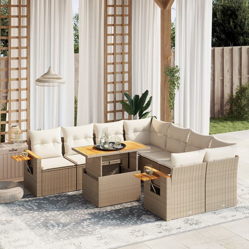 Casa si Gradina - Gradina si terasa - Mobilier exterior - Seturi mobila gradina - Set canapele de gradina, 9 piese, cu perne, bej, poliratan - Infinity.ro