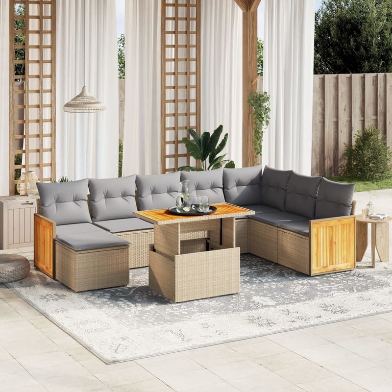 Casa si Gradina - Gradina si terasa - Mobilier exterior - Seturi mobila gradina - Set canapele de gradina, 9 piese, cu perne, bej, poliratan - Infinity.ro