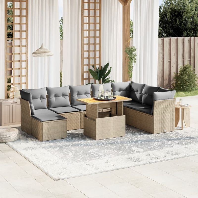 Casa si Gradina - Gradina si terasa - Mobilier exterior - Seturi mobila gradina - Set canapele de gradina, 9 piese, cu perne, bej, poliratan - Infinity.ro