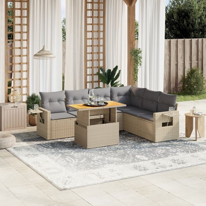 Casa si Gradina - Gradina si terasa - Mobilier exterior - Seturi mobila gradina - Set canapele de gradina, 7 piese, cu perne, bej, poliratan - Infinity.ro