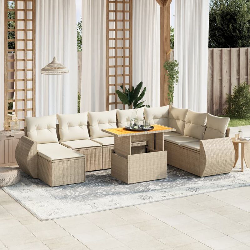 Casa si Gradina - Gradina si terasa - Mobilier exterior - Seturi mobila gradina - Set canapele de gradina, 9 piese, cu perne, bej, poliratan - Infinity.ro