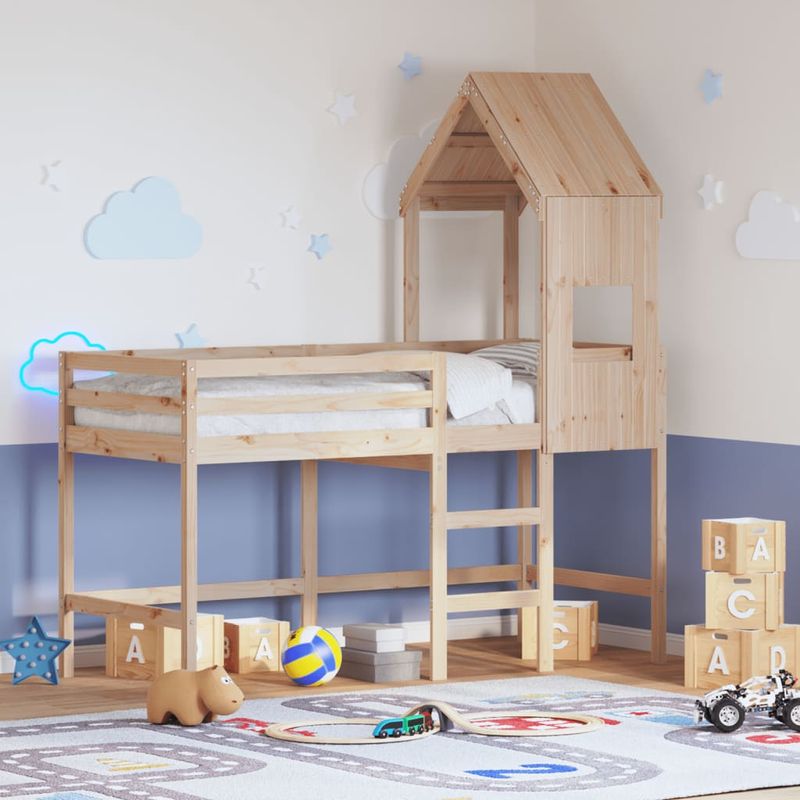 Casa si Gradina - Mobilier - Paturi si accesorii - Paturi - Pat etajat cu scara si acoperis, alb, 90x190 cm, lemn masiv pin - Infinity.ro