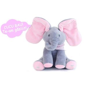 Elefant Cucu Bau in Limba Romana, jucarie interactiva, vorbeste si canta "Daca vesel se traieste",roz/gri