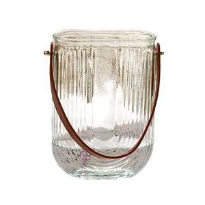 Vaza de sticla, transparenta cu dungi verticale si maner, 18cm