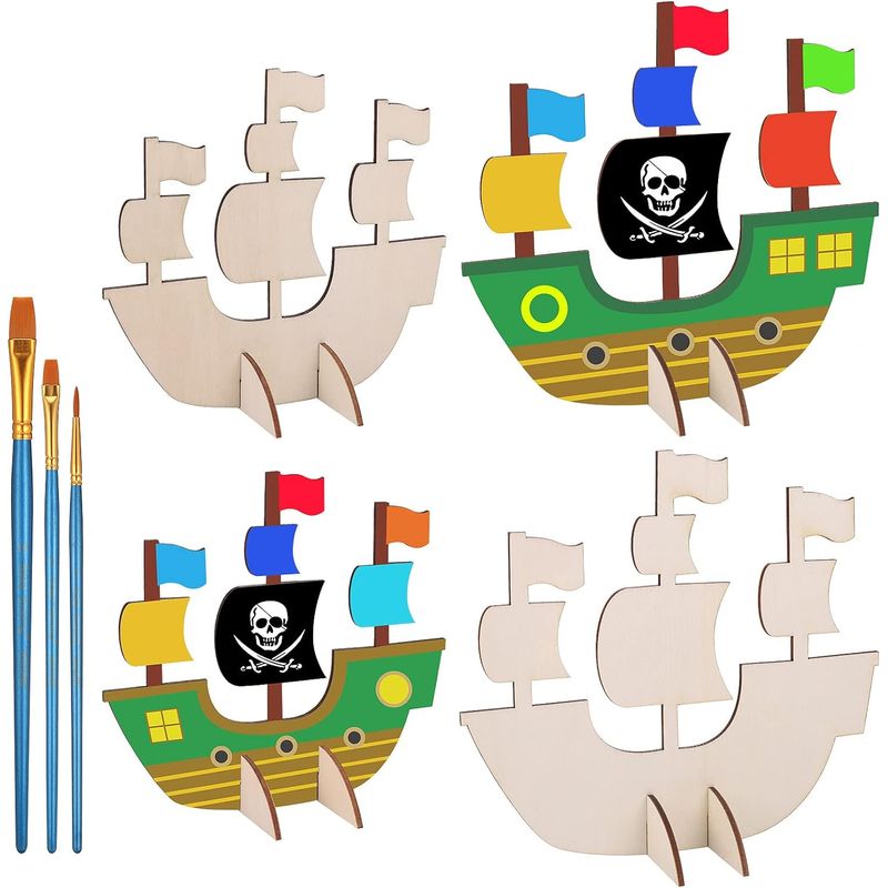 Jucarii, Copii si Bebe - Jucarii si jocuri - Jucarii & jocuri educative - Seturi pictura si desen - Set de pictura pe lemn in forma de corabie si cap de pirat cu 3 pensule pentru copii - Infinity.ro