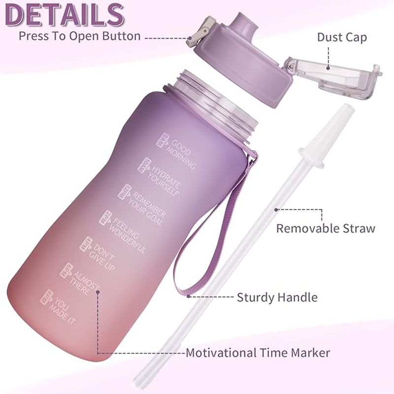 Sport si Outdoor - Echipament Sportiv - Accesorii echipament sportiv - Bidoane si shakere - Sticla de apa cu pai incorporat, marcare a timpului, motivationala, pentru sport, fara BPA, 2L, Violet/Roz - Infinity.ro