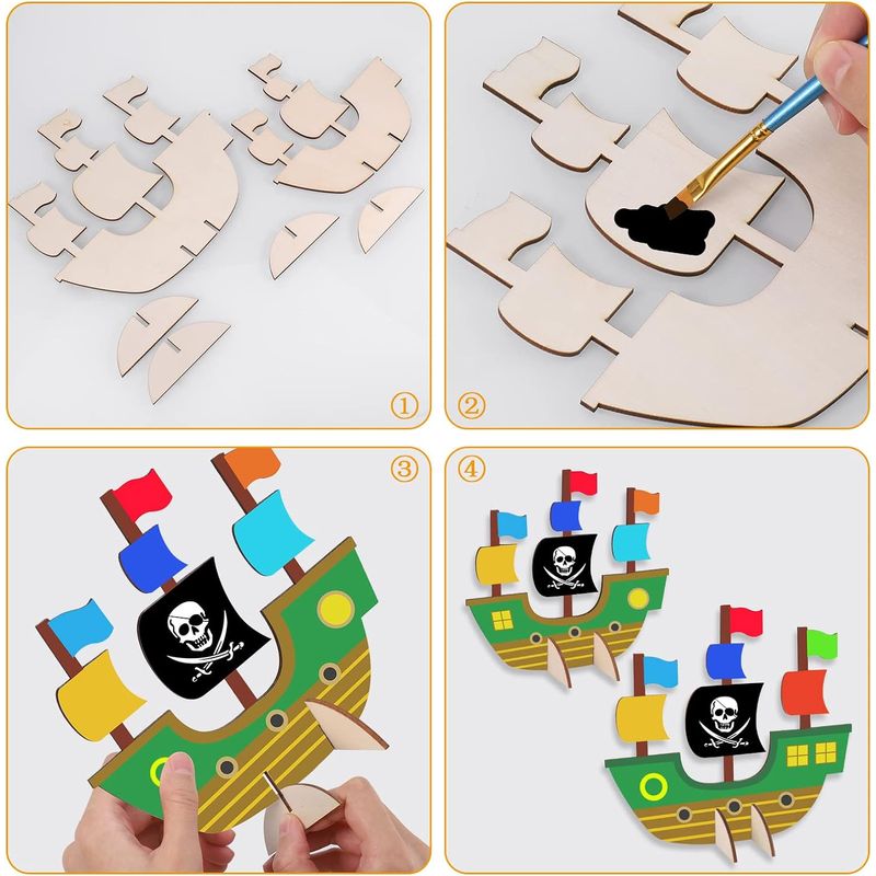 Jucarii, Copii si Bebe - Jucarii si jocuri - Jucarii & jocuri educative - Seturi pictura si desen - Set de pictura pe lemn in forma de corabie si cap de pirat cu 3 pensule pentru copii - Infinity.ro