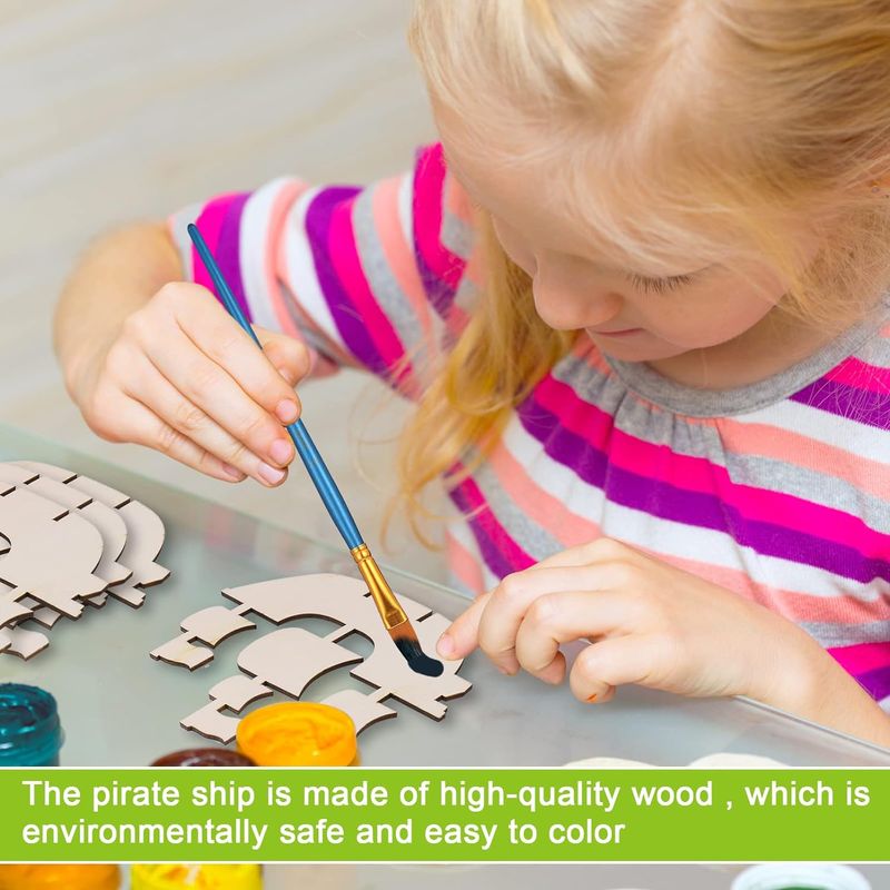 Jucarii, Copii si Bebe - Jucarii si jocuri - Jucarii & jocuri educative - Seturi pictura si desen - Set de pictura pe lemn in forma de corabie si cap de pirat cu 3 pensule pentru copii - Infinity.ro