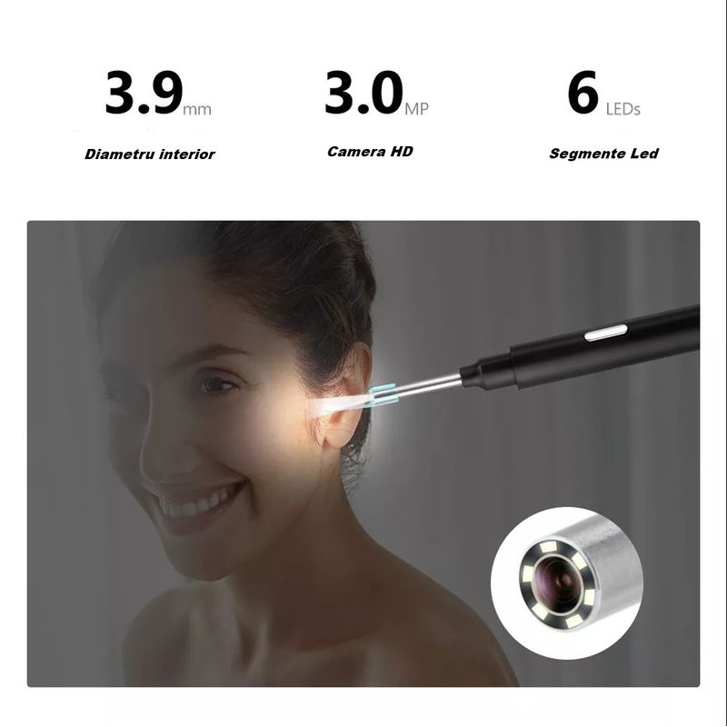 Ingrijire personala si Cosmetice - Sanatate si wellness - Aparate medicale - Dispozitive si accesorii medicale uz casnic - Dispozitiv de curatare al urechilor Otoscop cu camera HD, ilumiunare LED impermeabil, cu aplicatie Android, IOS, alb - Infinity.ro