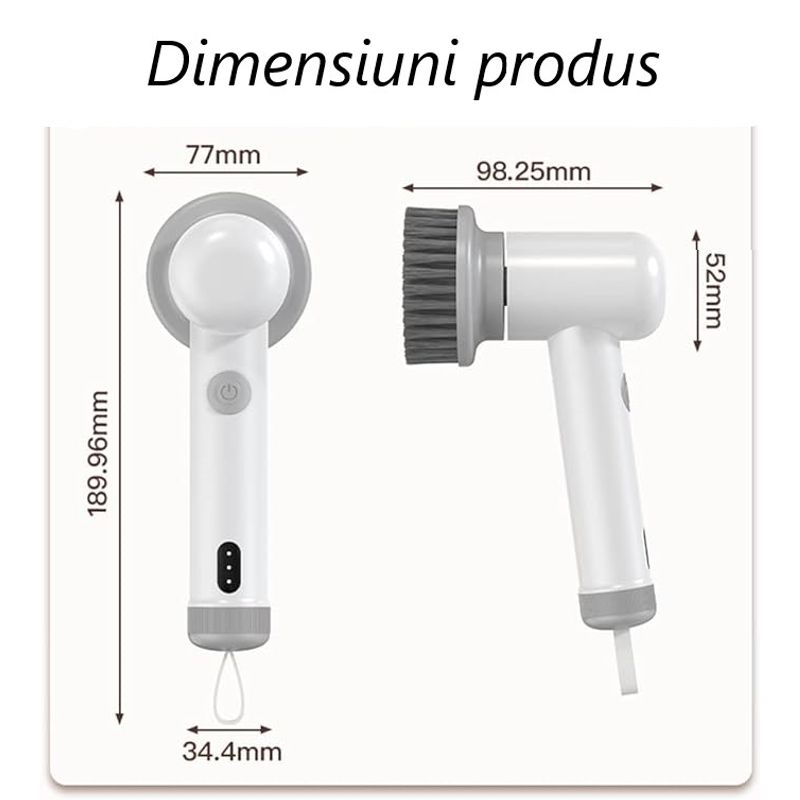 Market - Curatenie si intretinere casa - Produse menaj - Accesorii curatenie - Perie de curatare portabila, cu diferite capete de curatare, cu 2 viteze, fara fir, reincarcabila, ABS, Alb - Infinity.ro