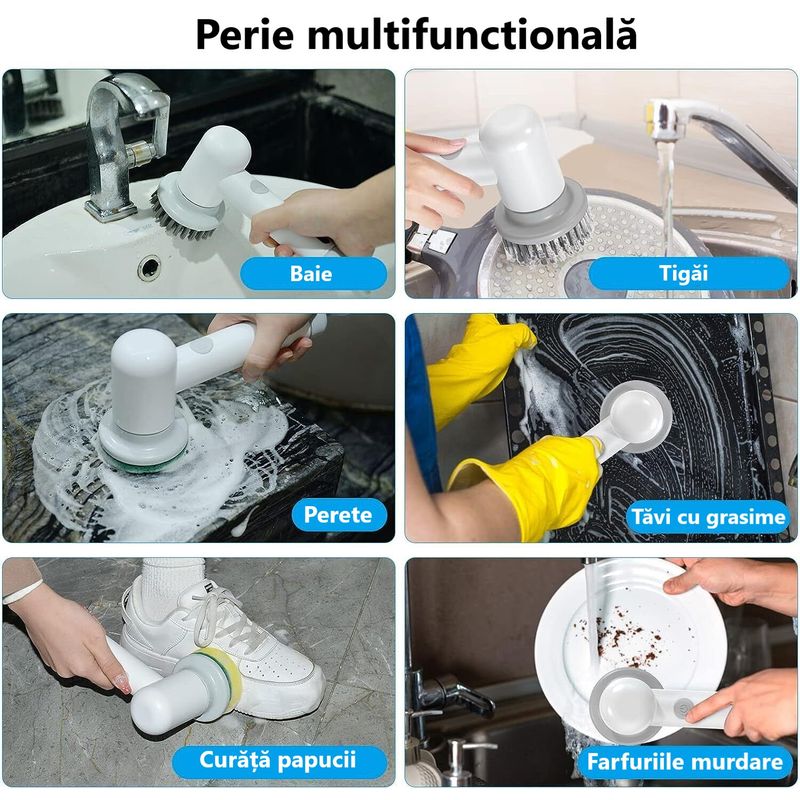 Market - Curatenie si intretinere casa - Produse menaj - Accesorii curatenie - Perie de curatare portabila, cu diferite capete de curatare, cu 2 viteze, fara fir, reincarcabila, ABS, Alb - Infinity.ro