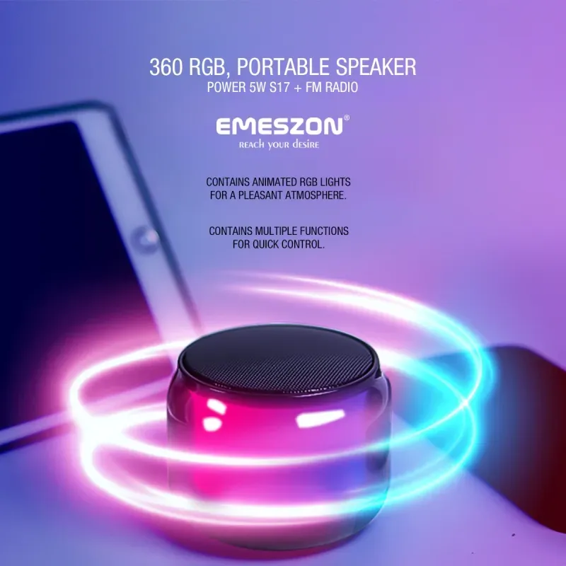 TV, Audio-Video si Foto - Portabile audio - Boxe portabile - Boxa portabila + Radio FM RGB 360 S17 LED, Emeszon®, 5W, Bluetooth 5.1, IPX6, Micro USB, Slot card Micro SD, Jack, negru - Infinity.ro