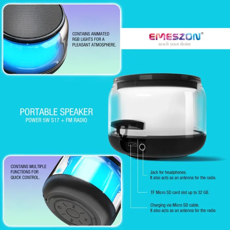 TV, Audio-Video si Foto - Portabile audio - Boxe portabile - Boxa portabila + Radio FM RGB 360 S17 LED, Emeszon®, 5W, Bluetooth 5.1, IPX6, Micro USB, Slot card Micro SD, Jack, negru - Infinity.ro