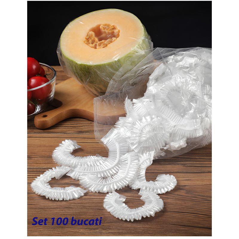 Market - Curatenie si intretinere casa - Produse bucatarie - Pungi si folii alimentare - Set de 100 huse de unica folosinta pentru acoperirea recipientelor din frigider, rezistenta la caldura, transparenta - Infinity.ro