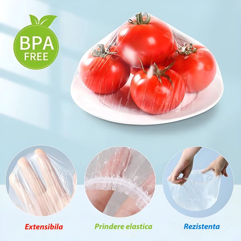 Market - Curatenie si intretinere casa - Produse bucatarie - Pungi si folii alimentare - Set de 100 huse de unica folosinta pentru acoperirea recipientelor din frigider, rezistenta la caldura, transparenta - Infinity.ro