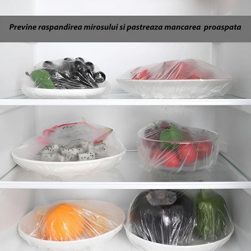 Market - Curatenie si intretinere casa - Produse bucatarie - Pungi si folii alimentare - Set de 100 huse de unica folosinta pentru acoperirea recipientelor din frigider, rezistenta la caldura, transparenta - Infinity.ro