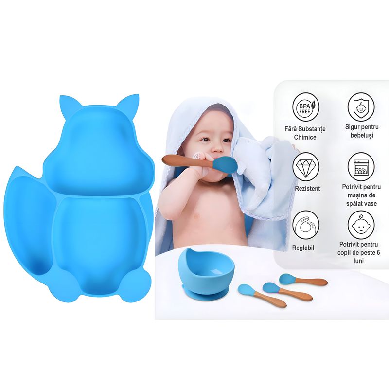 Jucarii, Copii si Bebe - Hrana si alaptare - Biberoane, suzete si accesorii hranire - Articole hranire bebelusi - Set hranire sugari, varsta recomandata 6 luni+, 9 piese din silicon de calitate alimentara, termorezistent, albastru - Infinity.ro