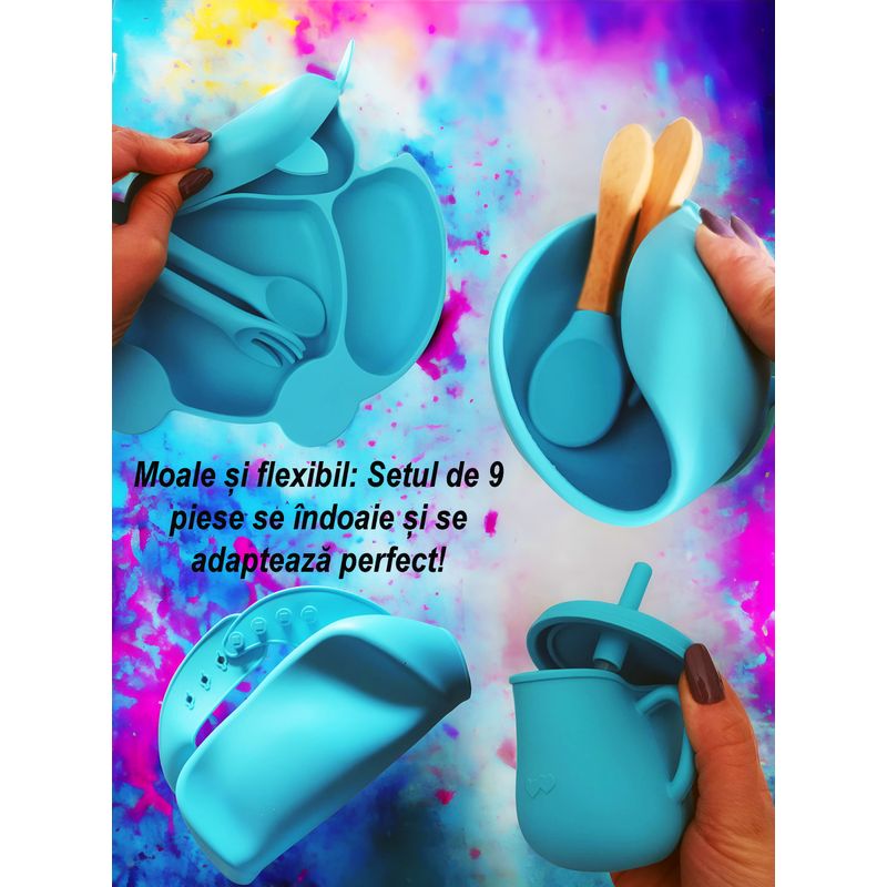 Jucarii, Copii si Bebe - Hrana si alaptare - Biberoane, suzete si accesorii hranire - Articole hranire bebelusi - Set hranire sugari, varsta recomandata 6 luni+, 9 piese din silicon de calitate alimentara, termorezistent, albastru - Infinity.ro
