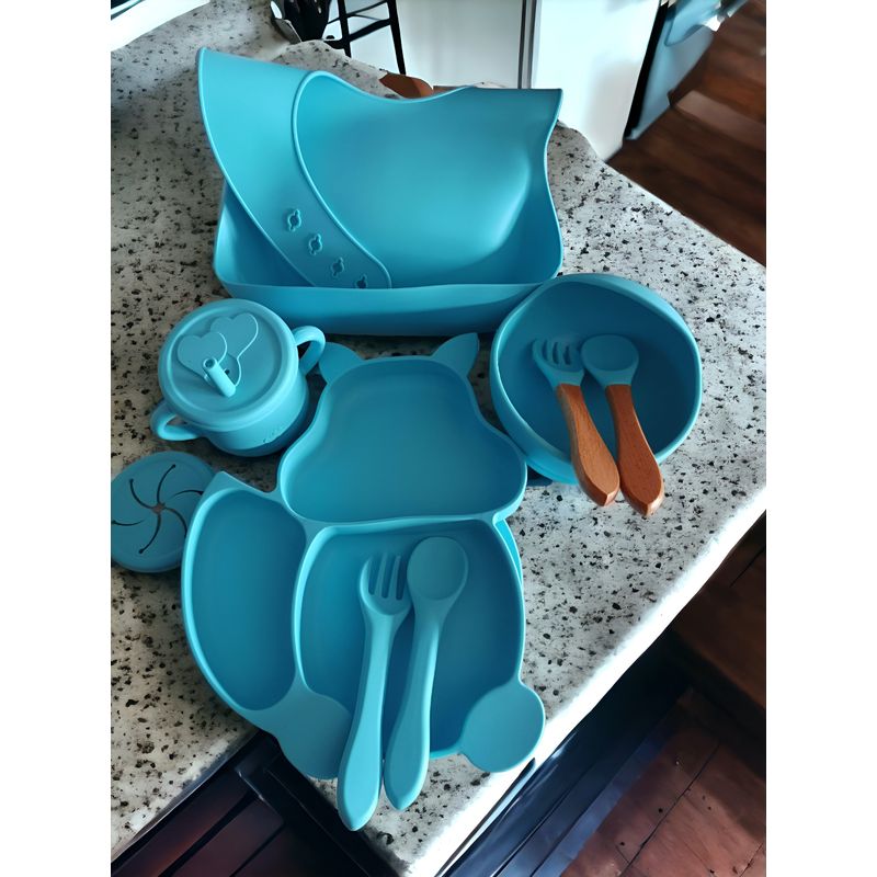 Jucarii, Copii si Bebe - Hrana si alaptare - Biberoane, suzete si accesorii hranire - Articole hranire bebelusi - Set hranire sugari, varsta recomandata 6 luni+, 9 piese din silicon de calitate alimentara, termorezistent, albastru - Infinity.ro